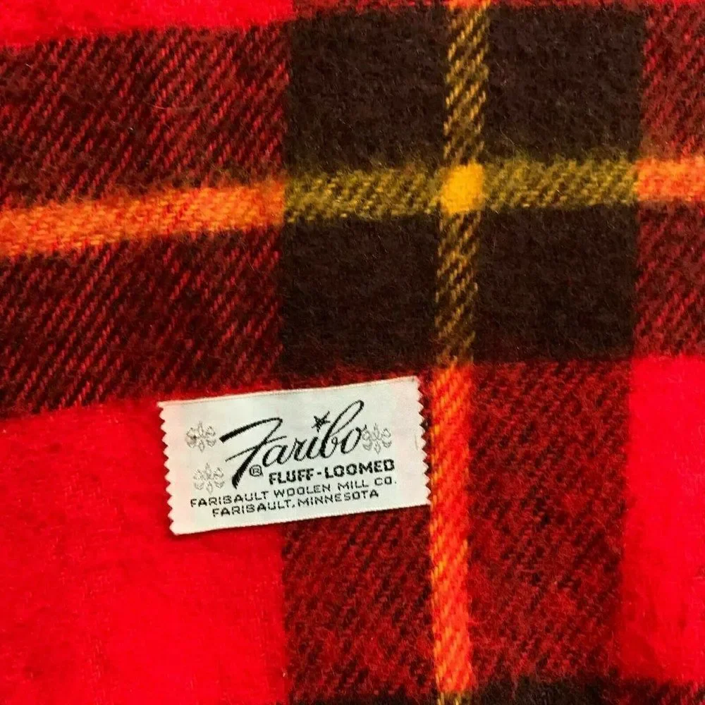 Vintage Faribo Fluff Loomed Wool Blanket 56 x 54 Red Tartan Plaid Fringe Throw